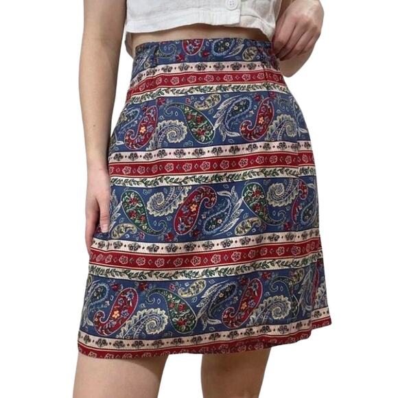 2/$15 Vintage Talbots Paisley Print Wrap Mini Skirt Blue Red High Waist Size 10 - Picture 1 of 6